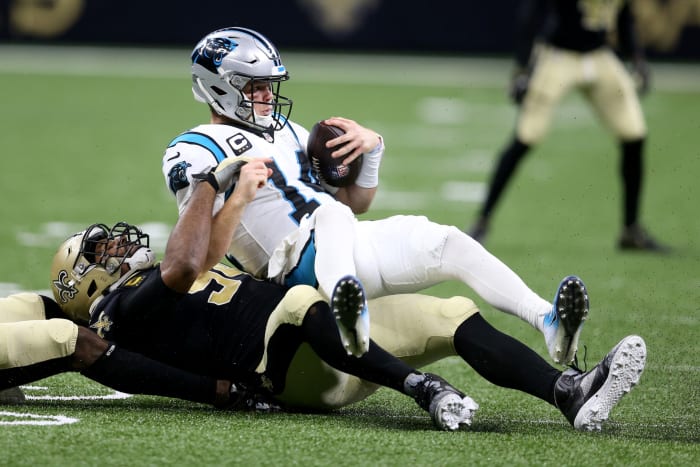 Jan 2, 2022; New Orleans Saints defensive end Cameron Jordan (94) sacks Carolina Panthers quarterback Sam Darnold (14). Mandatory Credit: Chuck Cook-USA TODAY